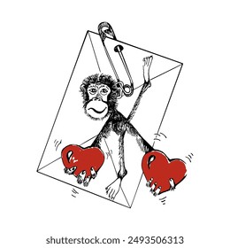 Carta con mono y corazones. Mono cómico enamorado. Signo del Año Nuevo chino. Ilustración vectorial dibujada a mano