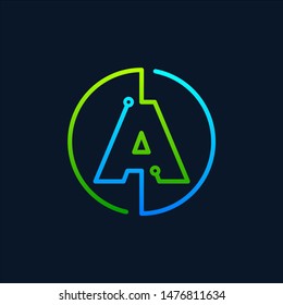 Letter A Mono Line Logo With Element Chip, Connect Concept , Circle Shape Symbol, Green And Blue Color, Technology And Digital Abstract Dot Connection - Vector