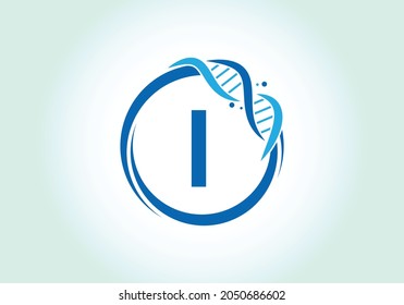 Letra I alfabeto monograma en un círculo con ADN. Concepto de diseño del logo genético. emblema de letra. Logo vectorial moderno para medicina, ciencia, laboratorio, negocios e identidad de empresa