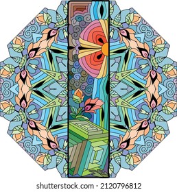 Letter I monogram, engraving design on mandala. Vector illustration.