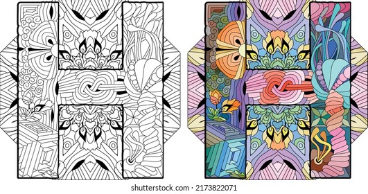 Letter I monogram, engraving design on mandala for coloring. Vector illustration. Color and outline set
