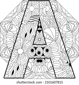 Letter A monogram on mandala for coloring, engraving design. Vector illustration.