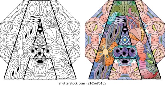 Letra A monograma sobre mandala para colorear y grabar el diseño. Ilustración vectorial. Conjunto de colores y contorno