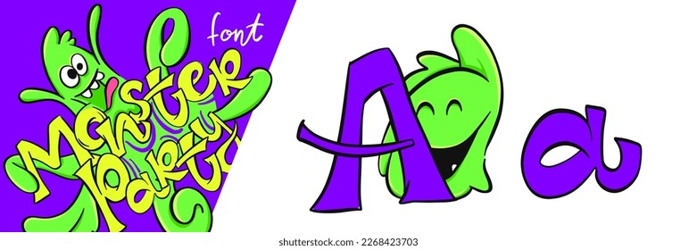 Letter A from the Monster party alphabet font. Large and small cartoon style letters set with cute monsters behind them for children, kindergarten, school, education, home party decor illustration