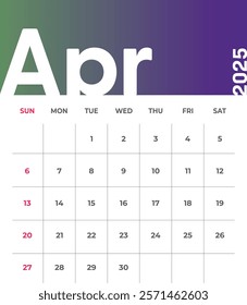 Letter monthly calendar for April 2025. The week begins on Sunday. Time, planning and schedule concept. Flat gradient design. Removable calendar for the month. Vector illustration