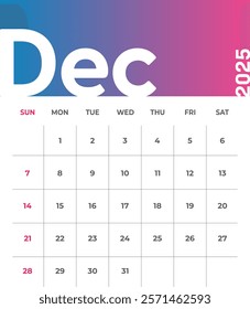 Letter monthly calendar for December 2025. The week begins on Sunday. Time, planning and schedule concept. Flat gradient design. Removable calendar for the month. Vector illustration