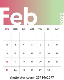 Letter monthly calendar for February 2025. The week begins on Sunday. Time, planning and schedule concept. Flat gradient design. Removable calendar for the month. Vector illustration