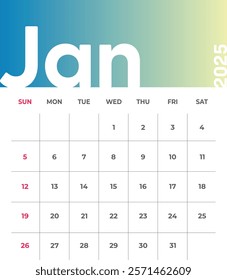 Letter monthly calendar for January 2025. The week begins on Sunday. Time, planning and schedule concept. Flat gradient design. Removable calendar for the month. Vector illustration