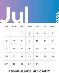 Letter monthly calendar for July 2025. The week begins on Sunday. Time, planning and schedule concept. Flat gradient design. Removable calendar for the month. Vector illustration