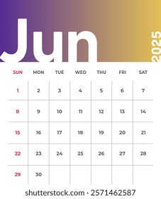 Letter monthly calendar for June 2025. The week begins on Sunday. Time, planning and schedule concept. Flat gradient design. Removable calendar for the month. Vector illustration