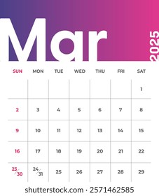 Letter monthly calendar for March 2025. The week begins on Sunday. Time, planning and schedule concept. Flat gradient design. Removable calendar for the month. Vector illustration