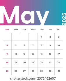 Letter monthly calendar for May 2025. The week begins on Sunday. Time, planning and schedule concept. Flat gradient design. Removable calendar for the month. Vector illustration