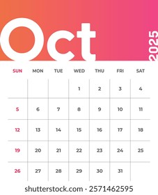 Letter monthly calendar for October 2025. The week begins on Sunday. Time, planning and schedule concept. Flat gradient design. Removable calendar for the month. Vector illustration