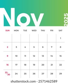 Letter monthly calendar for September 2025. The week begins on Sunday. Time, planning and schedule concept. Flat gradient design. Removable calendar for the month. Vector illustration