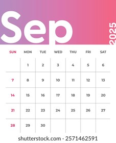 Letter monthly calendar for September 2025. The week begins on Sunday. Time, planning and schedule concept. Flat gradient design. Removable calendar for the month. Vector illustration