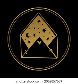 Letter with moon and stars, round golden boho icon on black background. A magic message for tarot, astrology, gorosokop. Vector linear hand drawn illustration.