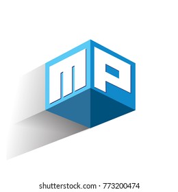 Letter MP logo in hexagon shape and blue background, cube logo with letter design for company identity.
