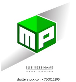 Letter MP logo in hexagon shape and green background, cube logo with letter design for company identity.

