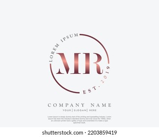 Letter MR Initial handwriting logo with signature and hand drawn style.