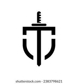 Letter MT monogram sword shape logo black. Initial MT letter with shield style logo template vector.