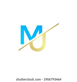 the letter MU. Vector logo design in gold and blue on white background