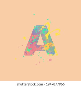 Letter A with multicolored mixed spots of pink, yellow, blue, turquoise paint on peach background. Design for banners, flyers, tags, decorations, poster or invitation.