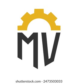 Letter MV Gear Logo Design for Service Center, Repair, Factory, Industrial, Digital and Mechanical Business