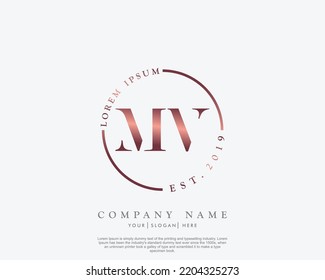 Letter MV Initial handwriting logo with signature and hand drawn style.