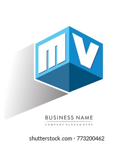 Letter MV logo in hexagon shape and blue background, cube logo with letter design for company identity.
