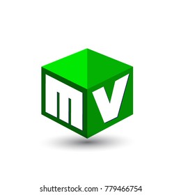 Letter MV logo in hexagon shape and green background, cube logo with letter design for company identity.
