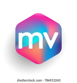 Letter MV logo in hexagon shape and colorful background, letter combination logo design for business and company identity.

