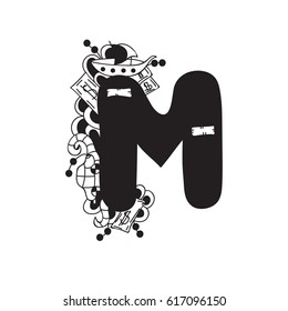 Letter M.Vector illustration, black and white, hand-drawn