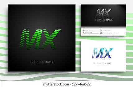 Letter MX logotype with colorful circle, with striped composition letter, sets of business card for company identity, creative industry, web.
