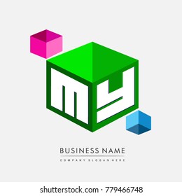 Letter MY logo in hexagon shape and green background, cube logo with letter design for company identity.
