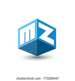 Letter MZ logo in hexagon shape and blue background, cube logo with letter design for company identity.
