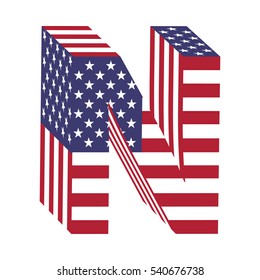 Letter N from 3d with American flag texture wrapped. Volume USA vector font
