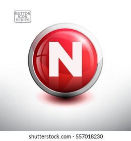 Letter N in 3D Glossy Red Button for web Icon, Education Icon and Alphabet Icon. Vector Illustration