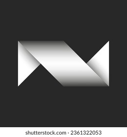 Letter N 3d logo creative initial from white folded sheet of paper with sharp corners, grey gradient typography mark design mockup, creative angular geometric compound shape.