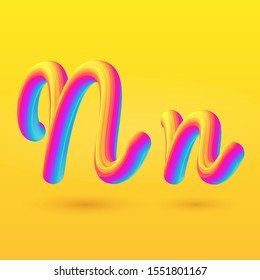 Letter N 3D vector. Liquid gradient shape on yellow background. Colorful hand draw alphabet for branding, logo, a set of words. Festive typography, childrens alphabet, uppercase letters