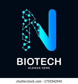 Letter N abstract biotech icon vector template logo. Suitable for biotechnology molecule atom DNA chip symbol, Medicine, science, technology, laboratory, electronics logotype