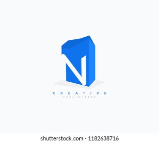 Letter N Abstract Blue 3D Box Shape Logotype