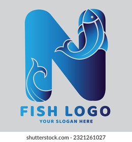 Letter N Abstract Fish logo with fish symbol logo design MINIMALIST style