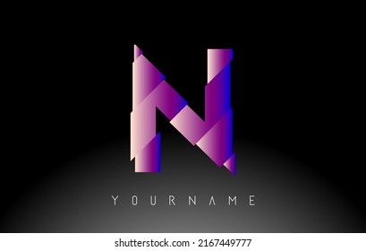 Letra N con el diseño del logotipo de efecto seccionado abstracto. Ilustración vectorial creativa con color de gradiente azul y rosa vibrante.