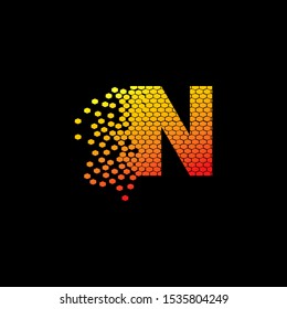 Letter N  Abstract Tehcno Dotted Hexagon Geometry logo icon  design concept with  orange yellow color. Modern concept design letter N for technology business or more brands.
