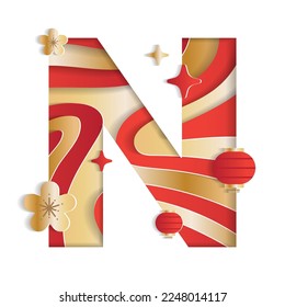 Letter N Alphabet Font Chinese New Year Concept Character Font Letter Abstract Paper Flower Lantern Lunar Festival Element Sparkle Gradient Red Gold 3D Paper Layer Cutout Card Vector Illustration