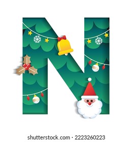 Letter N Alphabet Font Cute Merry Christmas Concept Bell Santa Claus Mistletoe Christmas Tree Character Font Christmas Element Cartoon Green 3D Paper Layer Cutout Card Vector Illustration