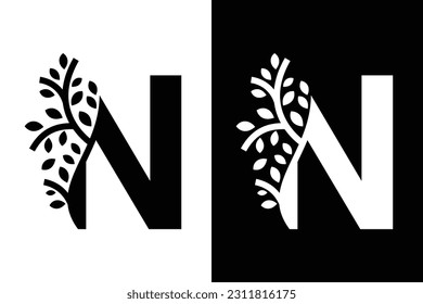Letter N alphabet and growing leaf with black and white color. Very suitable for symbol, logo, company name, brand name, personal name, icon, identity, business, marketing and many more.