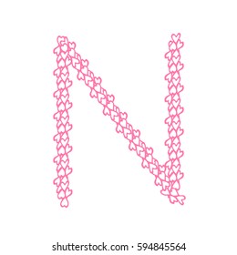 The letter N, in the alphabet Heart flower petals illustration set flat design pink color isolated on white background, vector eps10