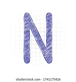Letter N of alphabet, isolated outline symbol. Hand drawn sketched picture with scribble fill. Blue ink. Doodle on white background