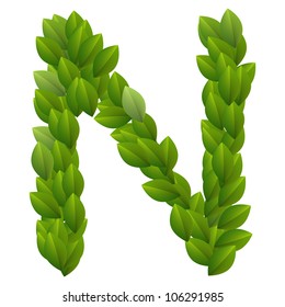 Letter N of alphabet made from green leaves.